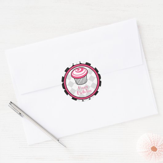 Roze Cupcake Sticker - Zwart Argyle (Envelop)