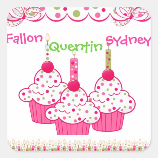 ROZE Cupcake Stickets Triplets Vierkante Sticker (Voorkant)