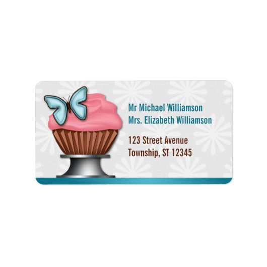Roze Cupcake Turquoise Vlinder Adresetiketten Etiket (Voorkant)