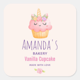 Roze cupcake Unicorn met Rozen Bakery Business Vierkante Sticker
