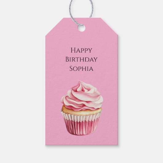 Roze Cupcake Verjaardag Cadeaulabel (Voorkant)