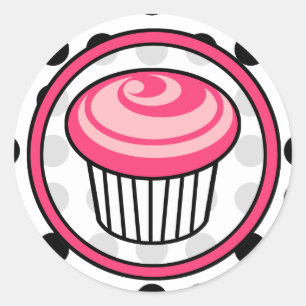 Roze Cupcake Verjaardag Sticker - Black Polka Dot