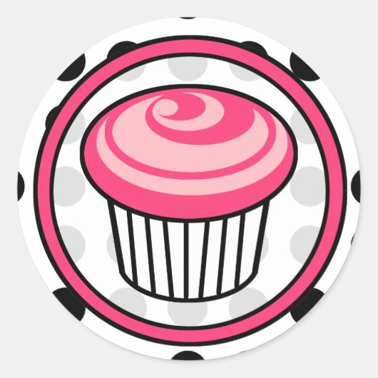 Roze Cupcake Verjaardag Sticker - Black Polka Dot (Voorkant)