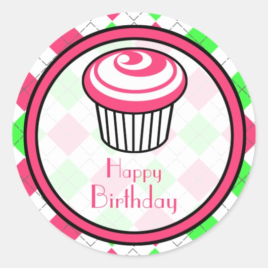 Roze Cupcake Verjaardag Sticker- Roze & Groene Arg Ronde Sticker (Voorkant)