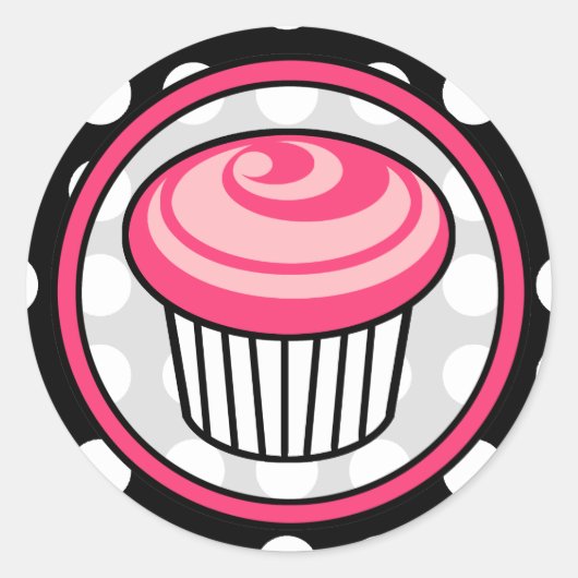 Roze Cupcake Verjaardag Sticker - Witte Polka Dot (Voorkant)