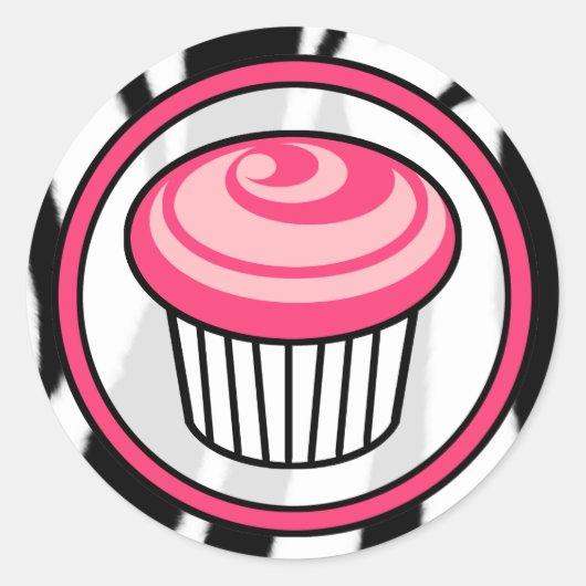 Roze Cupcake Verjaardag Sticker - Zwart Zebra Prin (Voorkant)