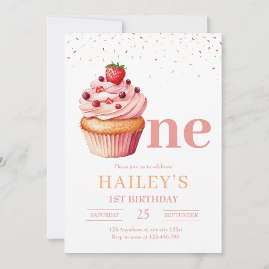 Roze Cupcake Verjaardag Uitnodiging Meisje 1e Verj (Voorkant)