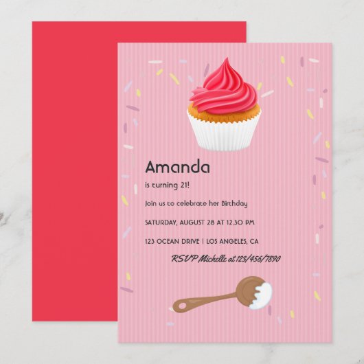 Roze Cupcake Verjaardagsfeest uitnodiging (Voorkant / Achterkant)