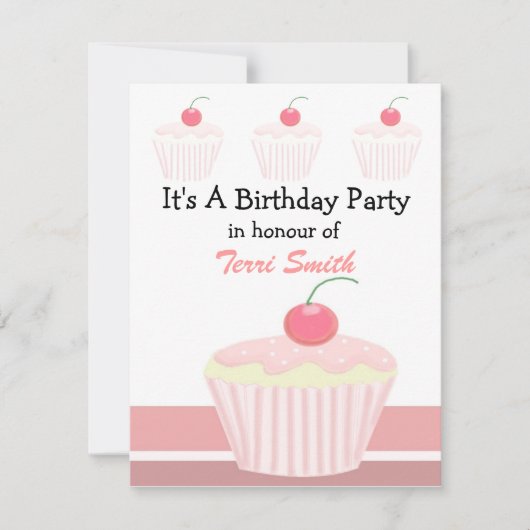 Roze Cupcake Verjaardagsuitnodiging Kaart (Voorkant)