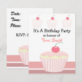 Roze Cupcake Verjaardagsuitnodiging Kaart (Voorkant / Achterkant)