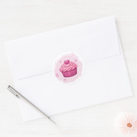 Roze Cupcake Viering Sticker (Envelop)