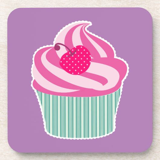 Roze cupcake WIth Polka Dot Cherry Onderzetter (Voorkant)