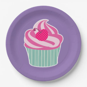 Roze cupcake WIth Polka Dot Cherry Papieren Bordje