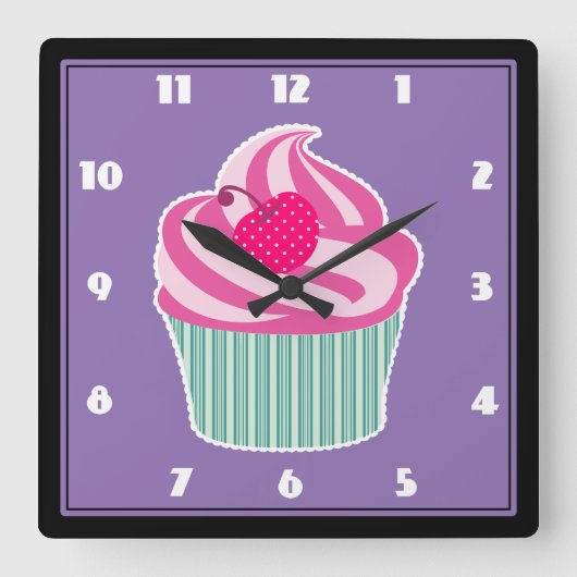 Roze cupcake WIth Polka Dot Cherry Vierkante Klok (Voorkant)