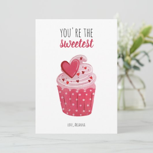 Roze cupcake Zoetste Valentijn Feestdagenkaart (Staand voorkant)