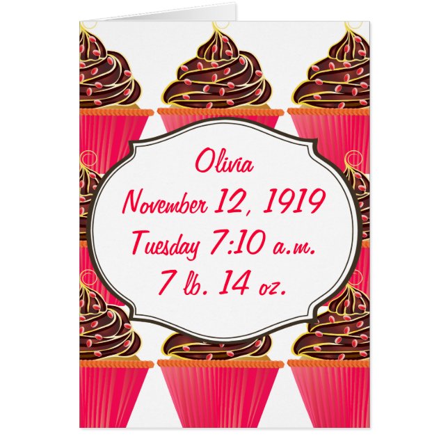 Roze Cupcakes Baby Meisje Aankondigingen (Voorkant)