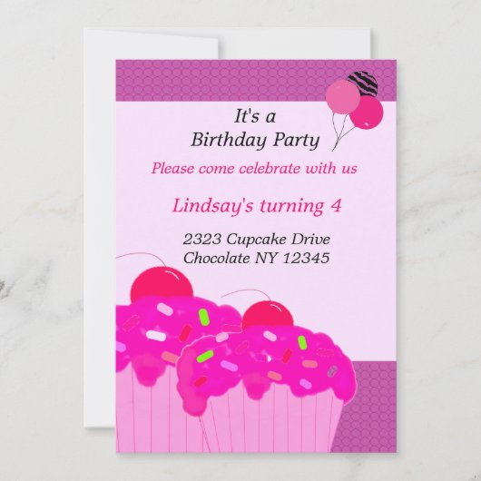 Roze Cupcakes Birthday Party Invitation Kaart (Voorkant)