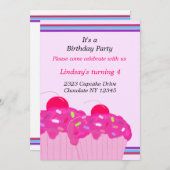 Roze Cupcakes Birthday Party Invitation Kaart (Voorkant / Achterkant)