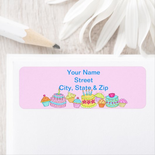 Roze cupcakes en Cake Happy Birthday Etiket (Insitu)