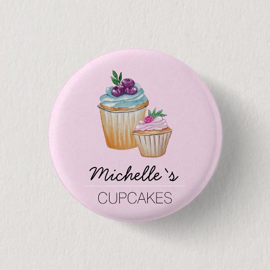 Roze cupcakes en vruchten Waterverf Ronde Button 3,2 Cm (Voorkant)
