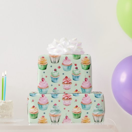 Roze Cupcakes Met Verjaardag Mintcrème Cadeaupapier (Feestgeschenken)