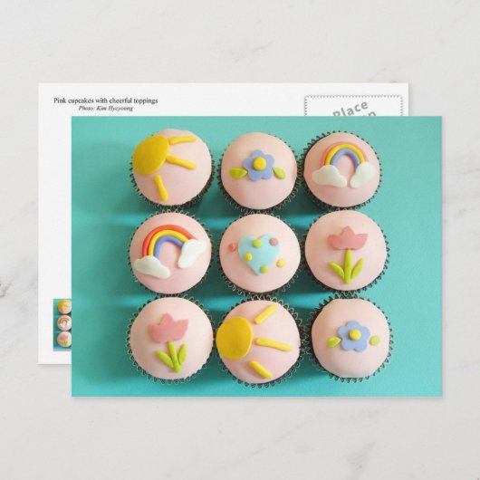 Roze cupcakes met vrolijke toppings briefkaart (Voorkant / Achterkant)