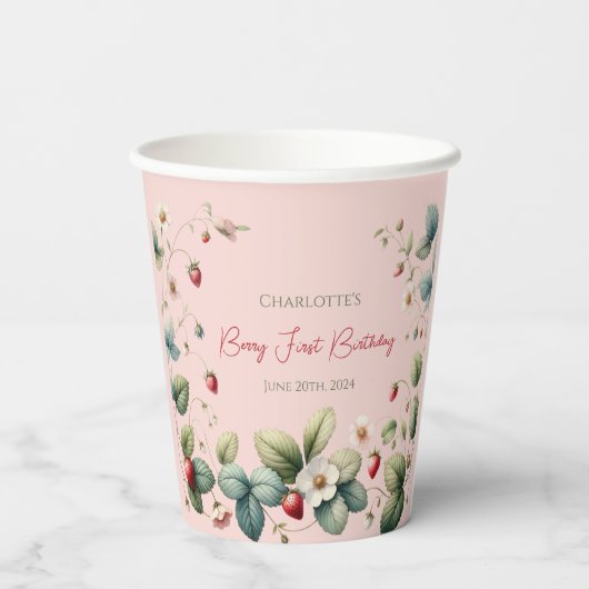 Roze Custom Berry Eerste Verjaardag Papieren Bekers (Achterkant)