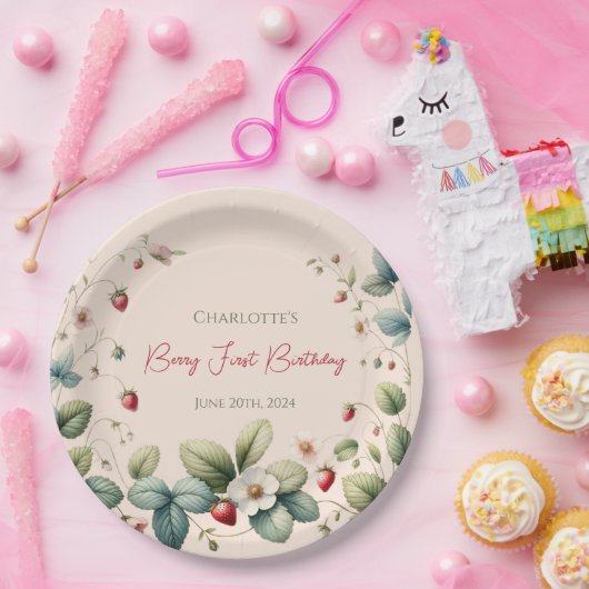 Roze Custom Berry Eerste Verjaardag Papieren Bordje (Feest)
