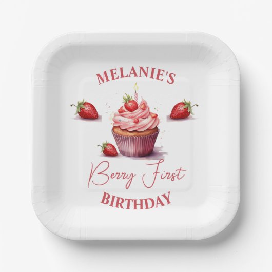 Roze Custom Berry Eerste Verjaardag Party Papieren Bordje (Voorkant)
