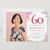 Roze Custom Foto Waterverf Floral 60th Verjaardag Kaart (Voorkant)