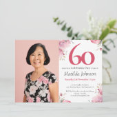 Roze Custom Foto Waterverf Floral 60th Verjaardag Kaart (Staand voorkant)