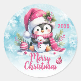 Roze Custom Jaar Schattigee Pinguïn Vrolijk Kerstf Ronde Sticker
