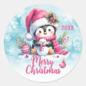 Roze Custom Jaar Schattigee Pinguïn Vrolijk Kerstf Ronde Sticker (Voorkant)