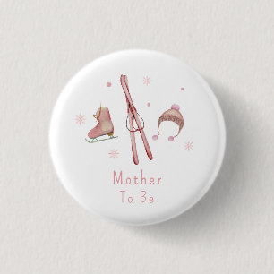 Roze Cute Après Bébé Ski Moeder Wordt Baby Shower Ronde Button 3,2 Cm
