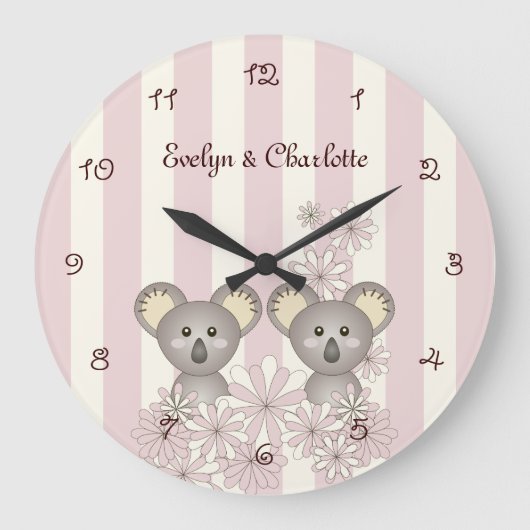 Roze Cute Baby Koala Meisje Twin Nursery / Kinderk Grote Klok (Voorkant)