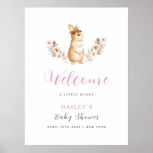 Roze Cute Bunny Wildflower Welkom Baby Shower  Poster