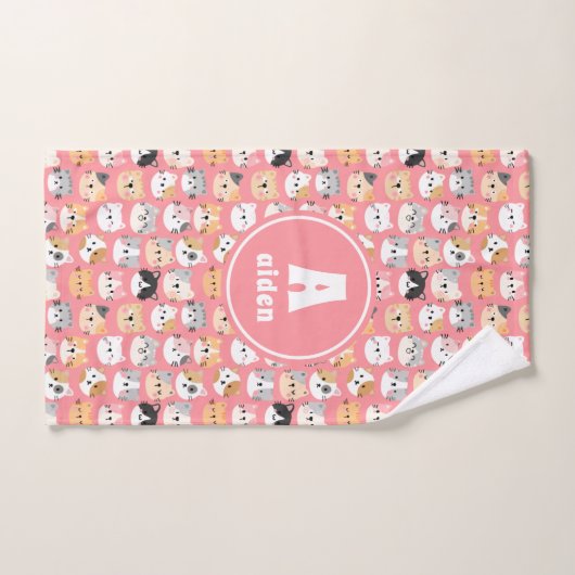 Roze Cute Cats Monogram Naam Bad Handdoek (Handdoek)