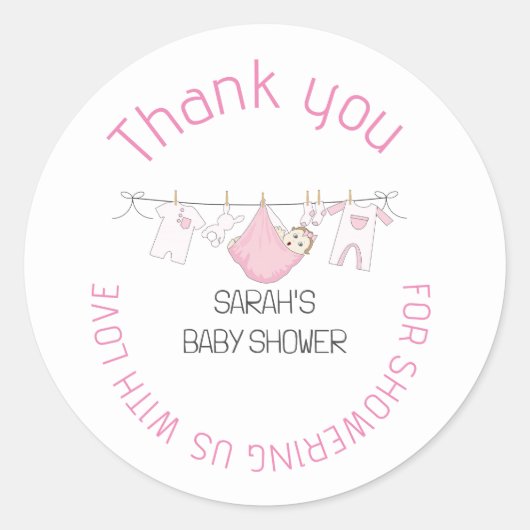 Roze Cute Clothesline Baby shower Hartelijk dank Ronde Sticker (Voorkant)