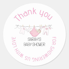 Roze Cute Clothesline Baby shower Hartelijk dank Ronde Sticker