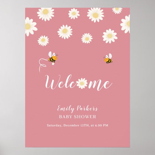 Roze Cute Daisy Bloei Baby Shower Welkom Bord  Poster (Voorkant)