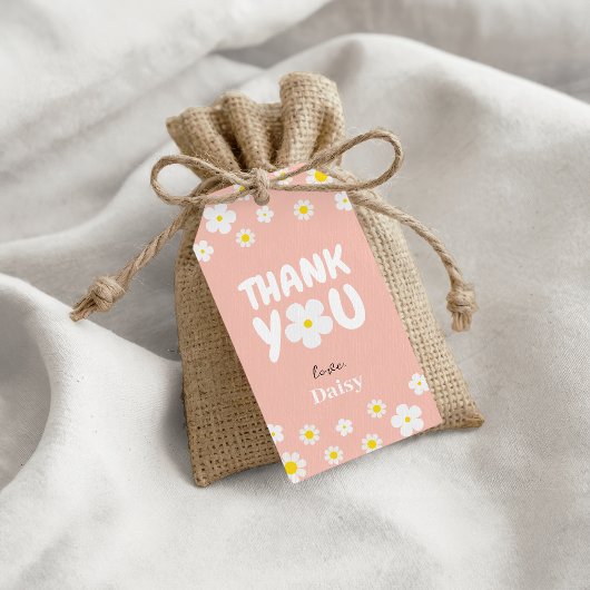 Roze Cute Daisy Script Dank je Verjaardags Favorie Cadeaulabel