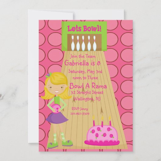 Roze, Cute, Girl Bowling Party Invitation Kaart (Voorkant)