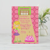 Roze, Cute, Girl Bowling Party Invitation Kaart (Staand voorkant)