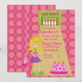Roze, Cute, Girl Bowling Party Invitation Kaart (Voorkant / Achterkant)