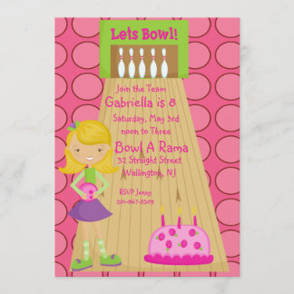 Roze, Cute, Girl Bowling Party Invitation Kaart