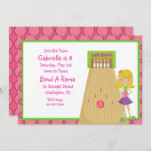 Roze, Cute, Girl Bowling Party Invitation Kaart (Voorkant / Achterkant)