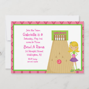 Roze, Cute, Girl Bowling Party Invitation Kaart