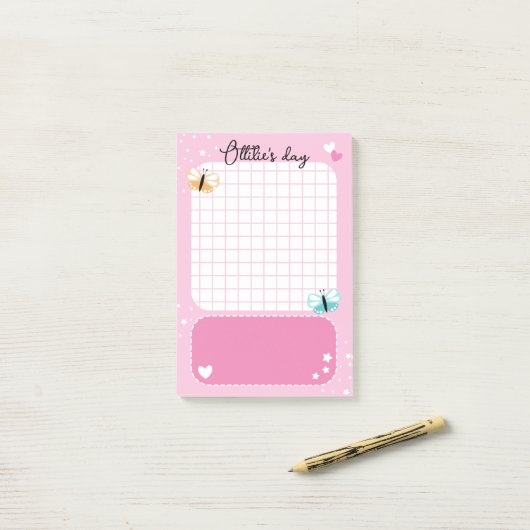 Roze Cute Harten Sterren Vlinders Naam Toevoegen Post-it® Notes (Op bureau)