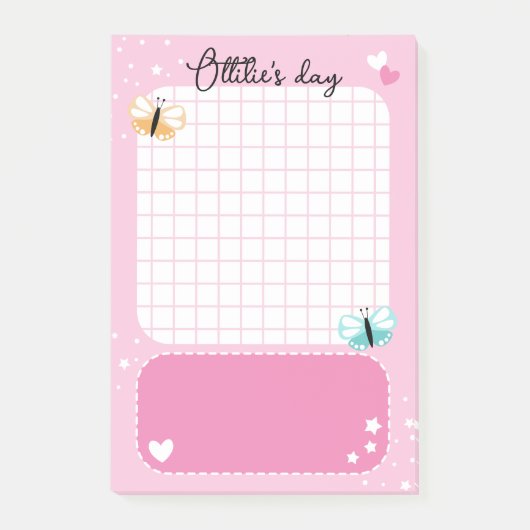 Roze Cute Harten Sterren Vlinders Naam Toevoegen Post-it® Notes (Voorkant)