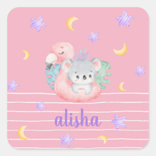 Roze Cute Koala Kinder Persoonlijke benaming Vierkante Sticker